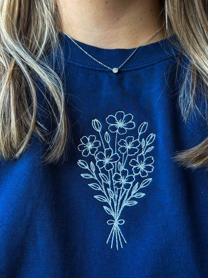 Bouquet Bliss Embroidered Crewneck- Navy